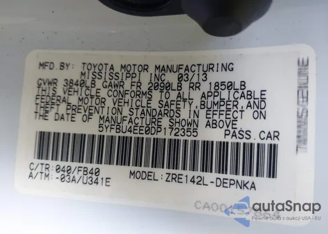 2013 Toyota Corolla Le z USA, uszkodzony, nr VIN 5YFBU4EE0DP172355